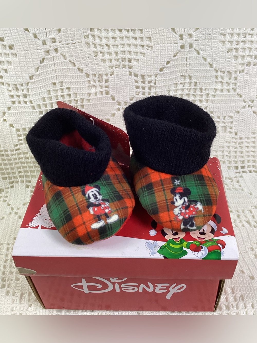 Disney Plaid Minnie & Mickey Baby Booties in Red and Green